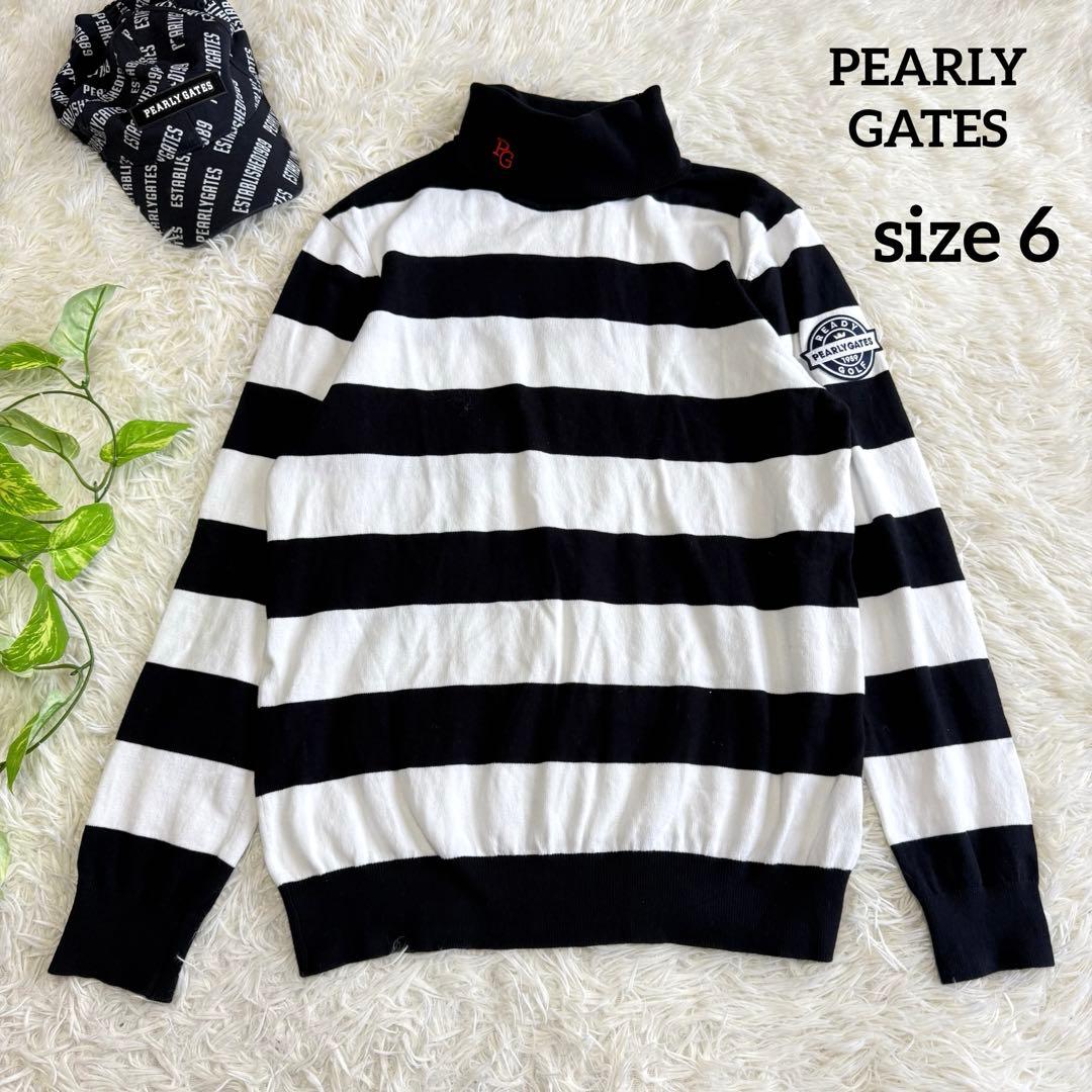 【パーリーゲイツ】極美品 タートルネック カシミヤタッチ 6 メンズ ボーダー