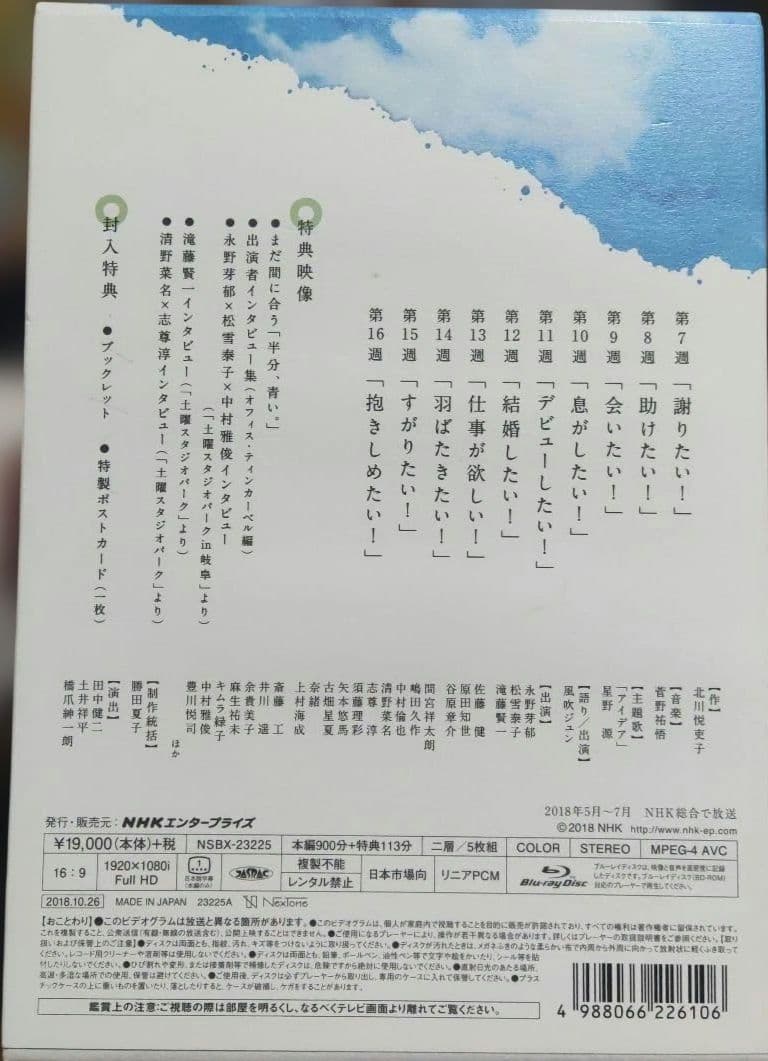 連続テレビ小説 半分,青い。完全版 ブルーレイBOX　※封入特典欠品