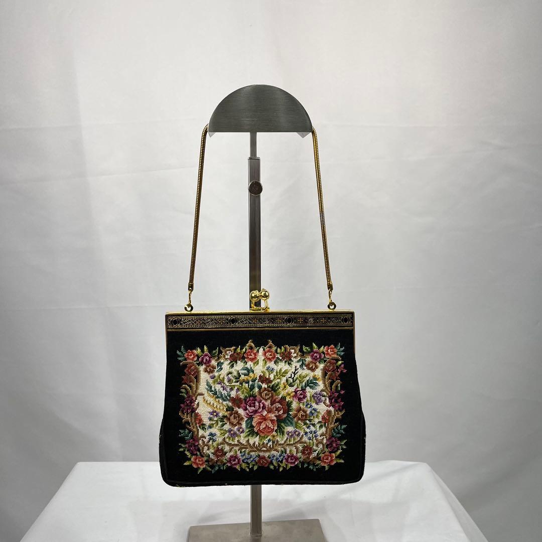 【人気】プチポワン　アンティークゴブラン　花柄刺繍　黒　ハンドバッグ
