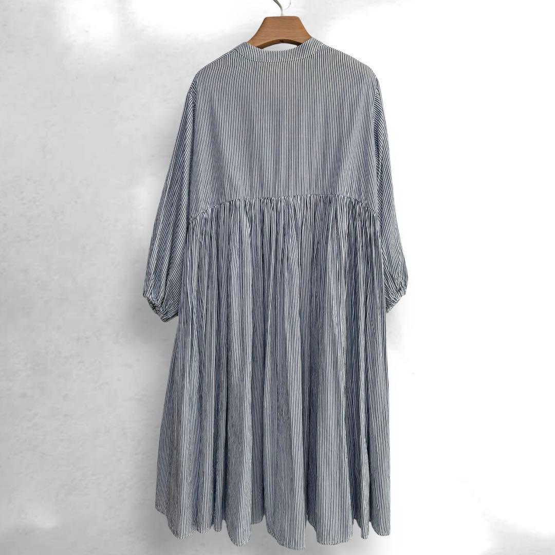【美品】BEARDSLEY 先染めギャザーワンピース ストライプ　サイズ：0
