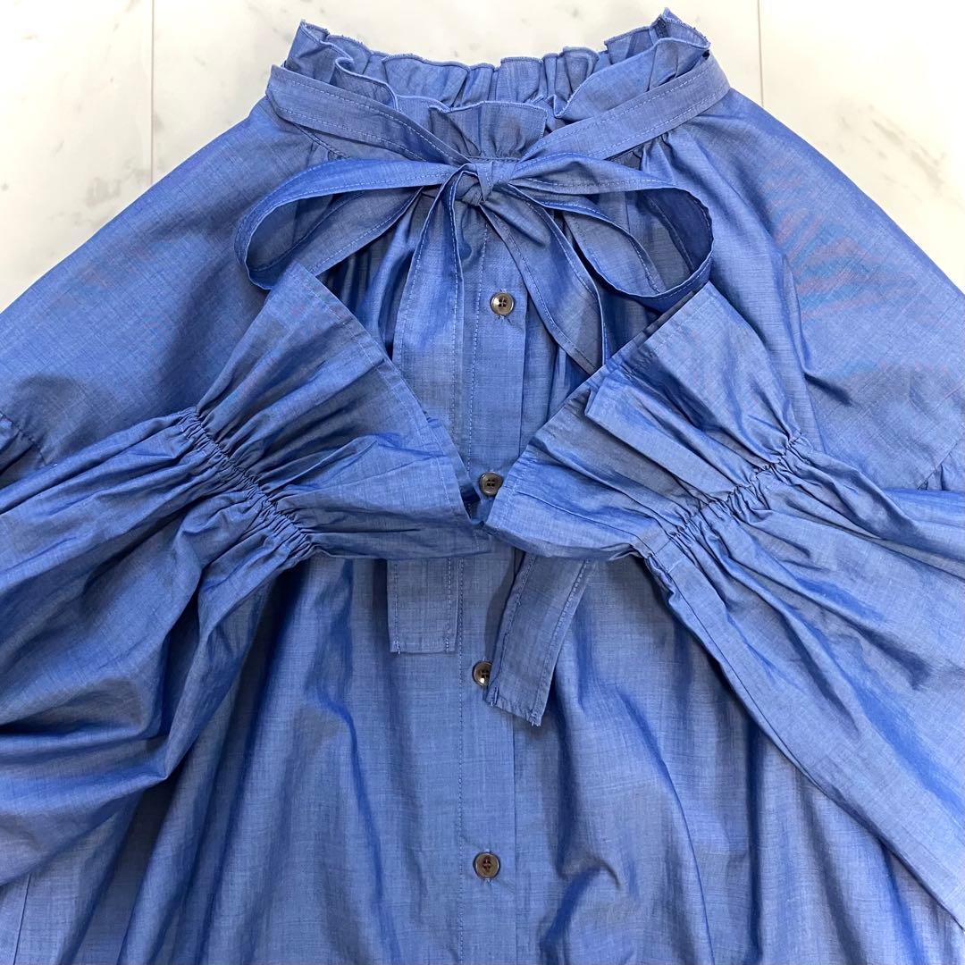 美品 カデュネ フリルボウタイブラウス 洗える ブルー