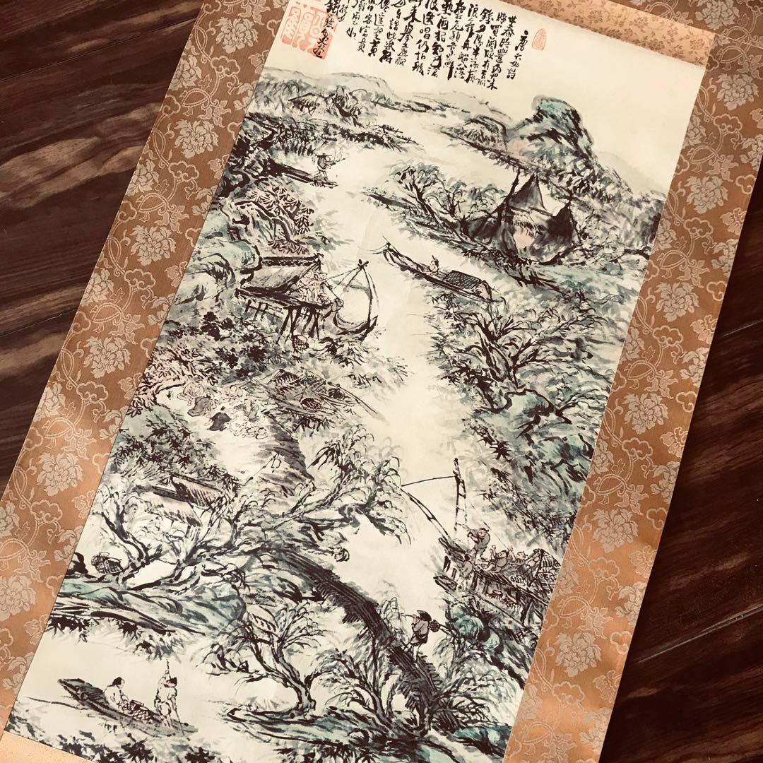 掛軸3点 鉄斎/大江捕漁図 雪舟/秋冬山水図 雪村/松鷹図 工芸 印刷 OL-2