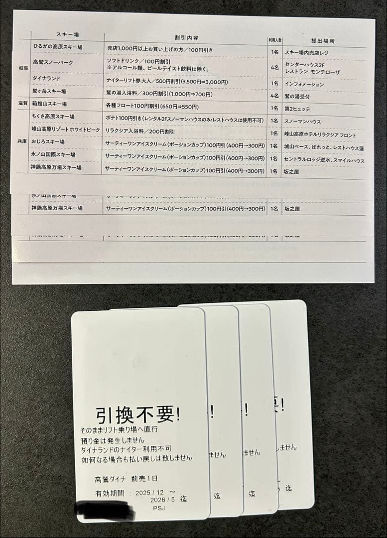 高鷲スノーパーク ダイナランド 共通リフト券 4枚 割引券付き