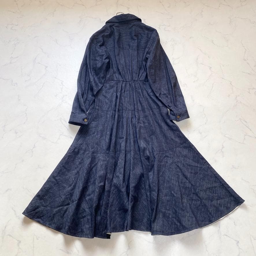 美品✨エポカ リネン混 ストレッチ シャツ ワンピース ティアード 40 紺