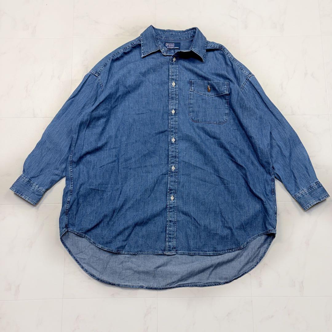 ポロバイラルフローレン　近年　シャンブレー　ロングデニムシャツ　ポニー　M 青