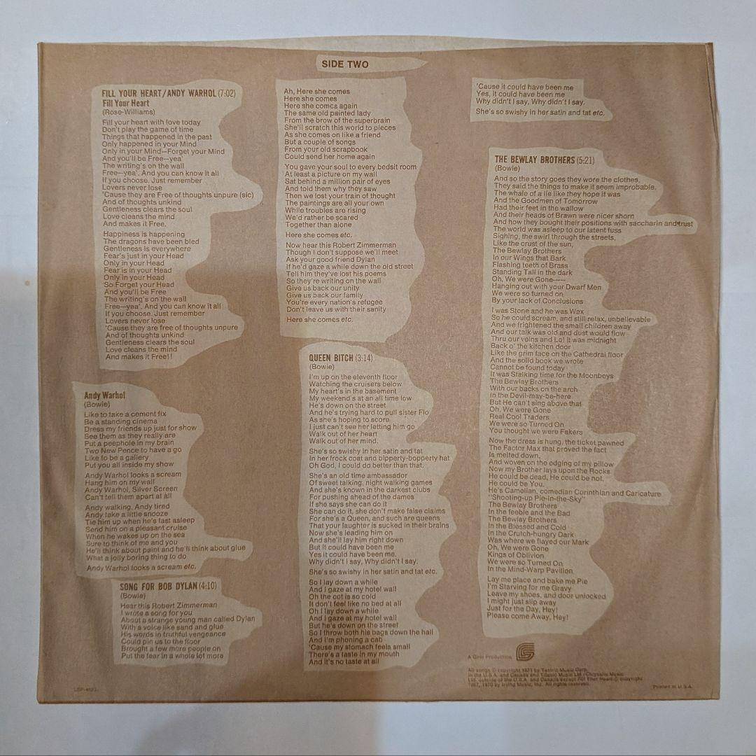 ​【美盤】デヴィッド・ボウイ 『Hunky Dory』US盤 歌詞インナー付