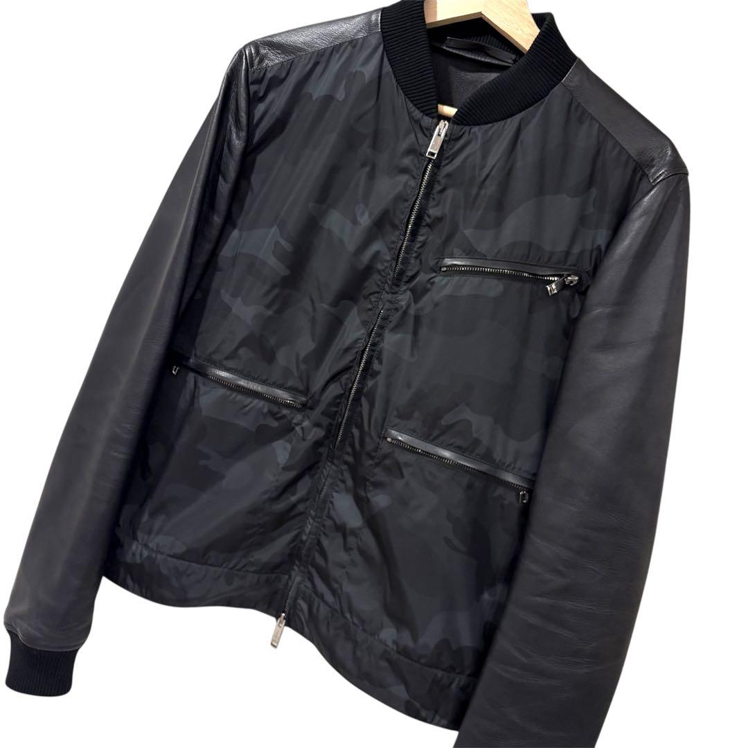 ☆美品☆VALENTINO ラムレザー ナイロン ブルゾン カモフラ柄 BLK