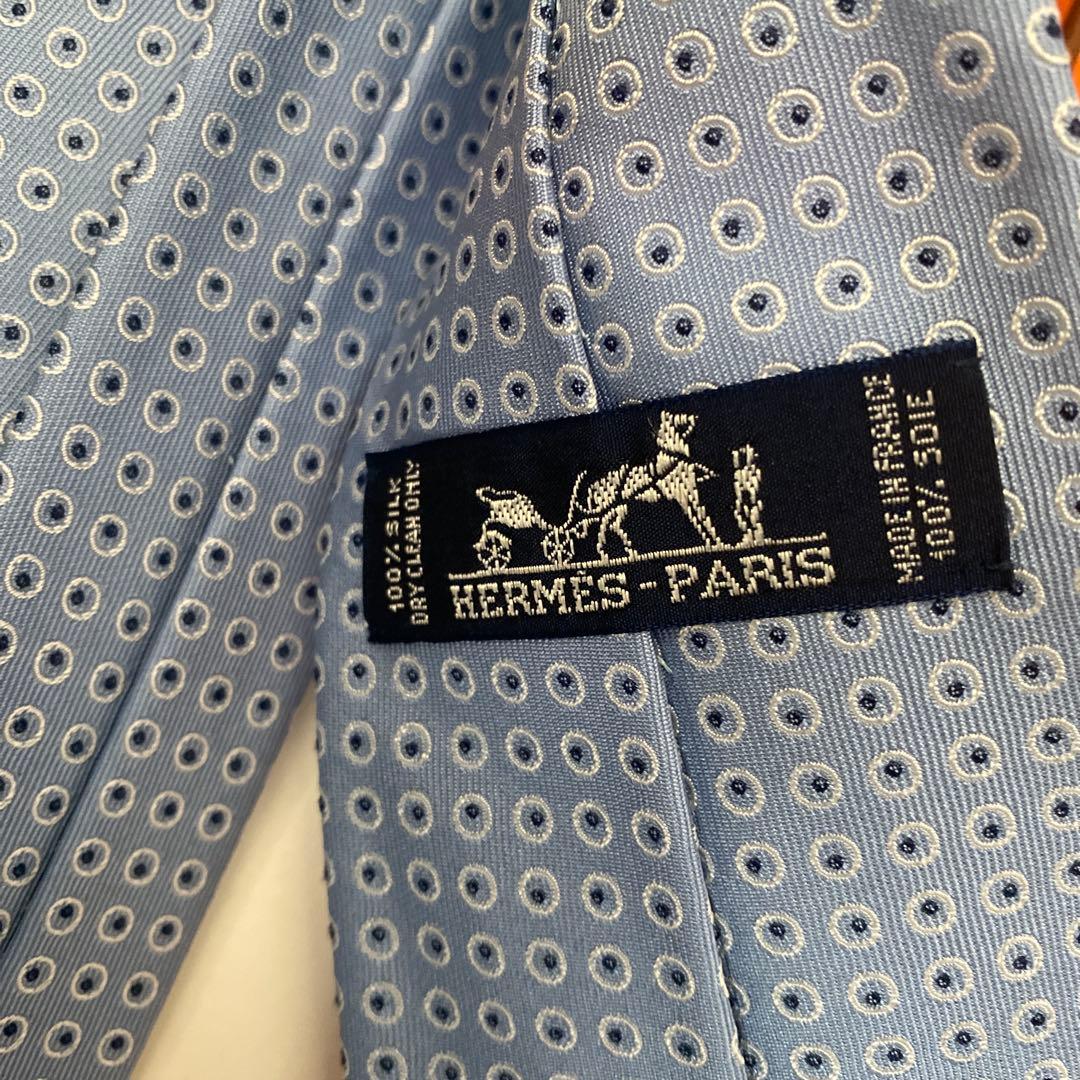HERMES 水色 ドット柄 シルクネクタイ