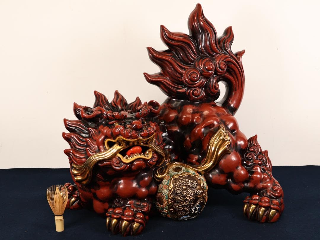 Anne　BK482　九谷 八幡窯 須栄義　玉獅子　龍　置物　床飾　高さ5