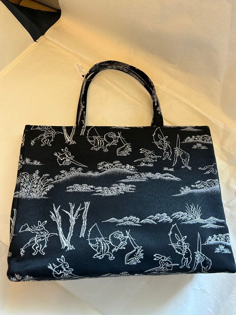 鳥獣戯画✨和装トートバッグ　内側ポケット付　黒色　ブラック　新品未使用