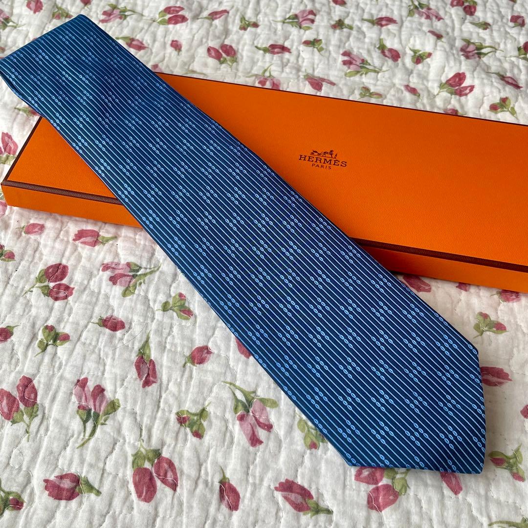 【箱付き】HERMES エルメス シルクネクタイ ブルー
