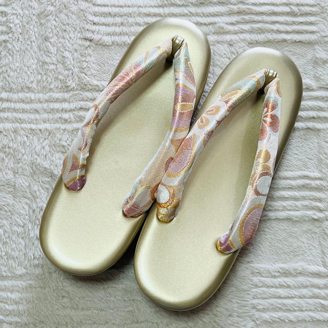 ゴールド 花柄 和装バッグ 草履セット