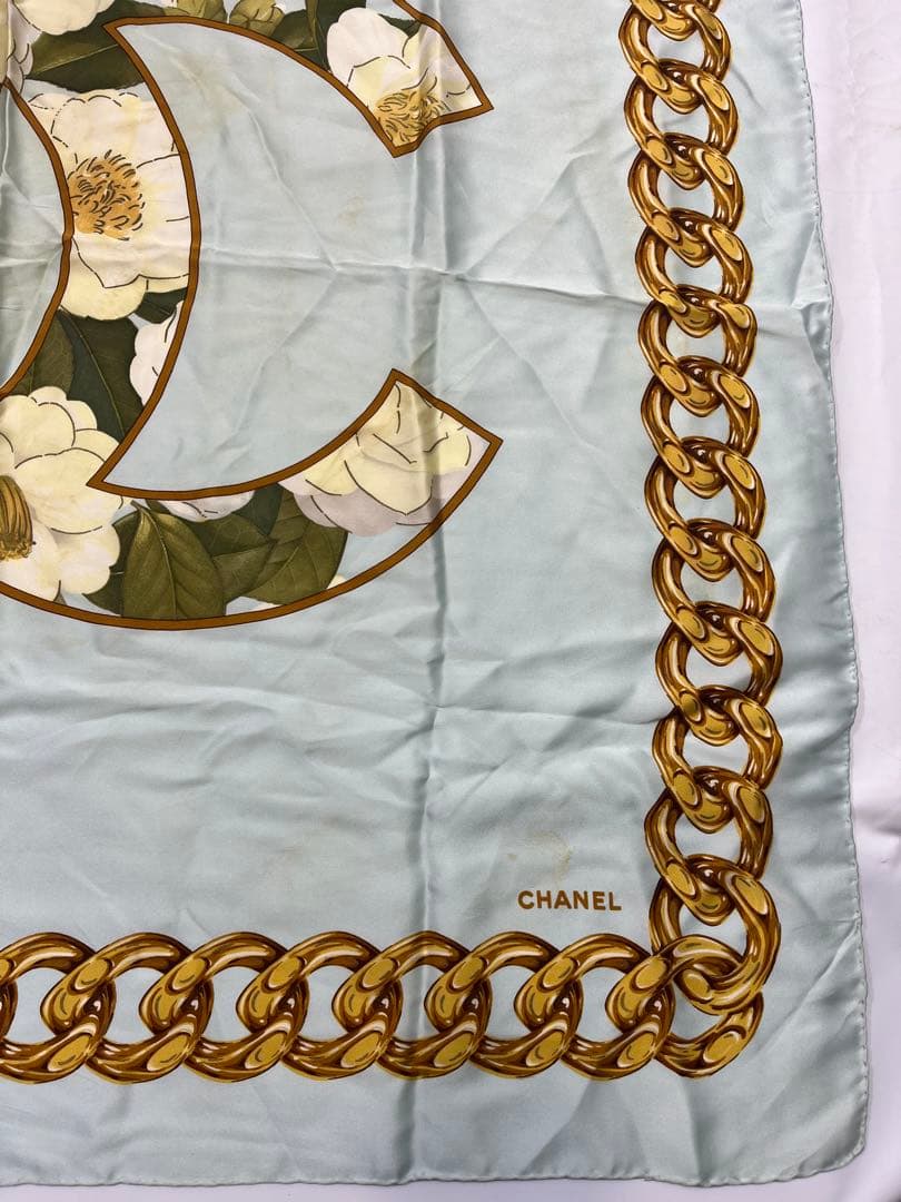 a0106-6シャネル　CHANEL　スカーフ　ココマーク　花柄　チェーン　大判