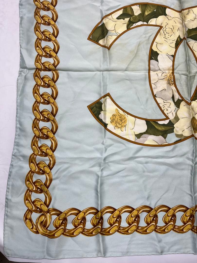 a0106-6シャネル　CHANEL　スカーフ　ココマーク　花柄　チェーン　大判