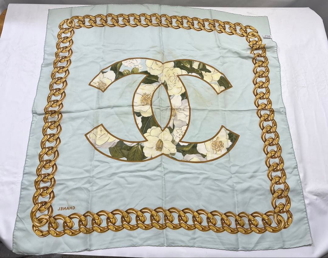 a0106-6シャネル　CHANEL　スカーフ　ココマーク　花柄　チェーン　大判
