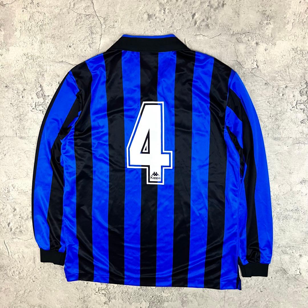 【未使用】90s Kappa 長袖サッカーシャツ #4 日本製 縦縞 青黒 XL