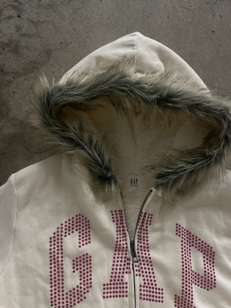 GAP ファー　ジップパーカー　ラインストン　 y2k 平成ギャル　短丈　白