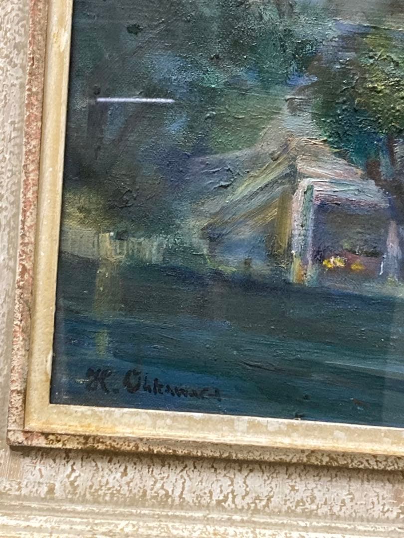 油彩　油絵　風景画　大河原元　シャトーダンの城　直筆サイン.額.裏書
