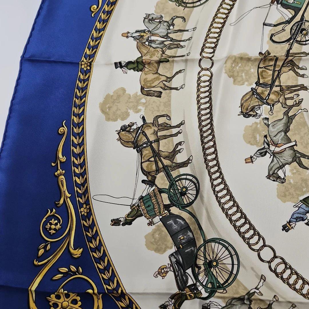 エルメス　HERMES　スカーフ　カレ90 ロンシャンへの散歩 シルク ブルー系