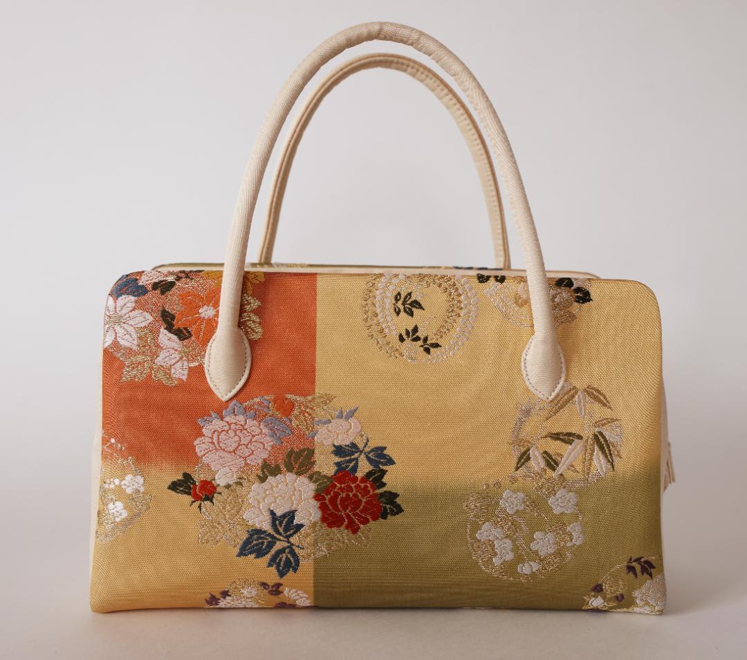 三栄　利休バッグ　正絹　花の丸模様　美品