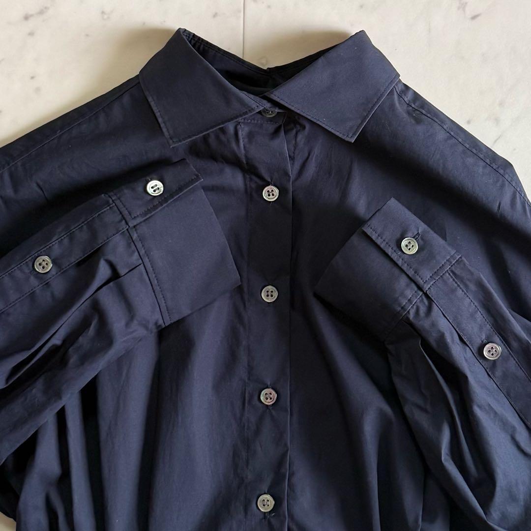 美品 ソブ コットン100% ギャザー ロング丈 シャツワンピース◆ネイビー