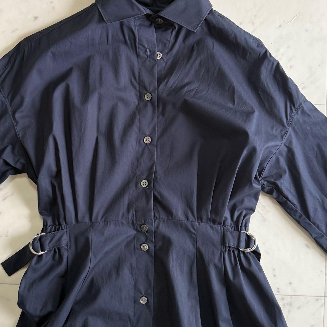 美品 ソブ コットン100% ギャザー ロング丈 シャツワンピース◆ネイビー