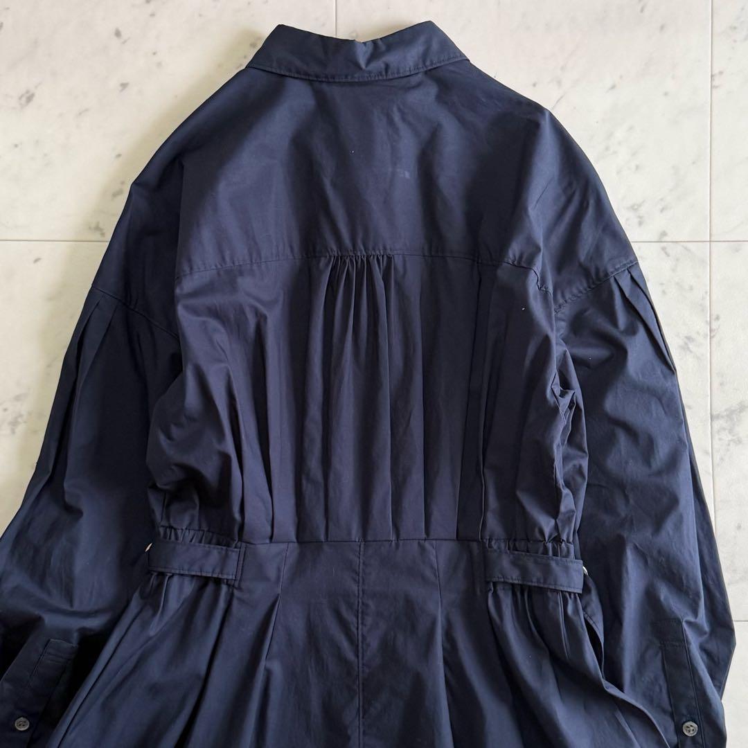 美品 ソブ コットン100% ギャザー ロング丈 シャツワンピース◆ネイビー