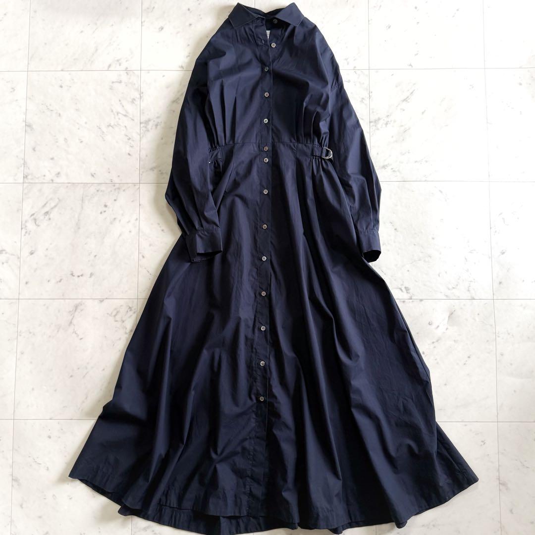 美品 ソブ コットン100% ギャザー ロング丈 シャツワンピース◆ネイビー