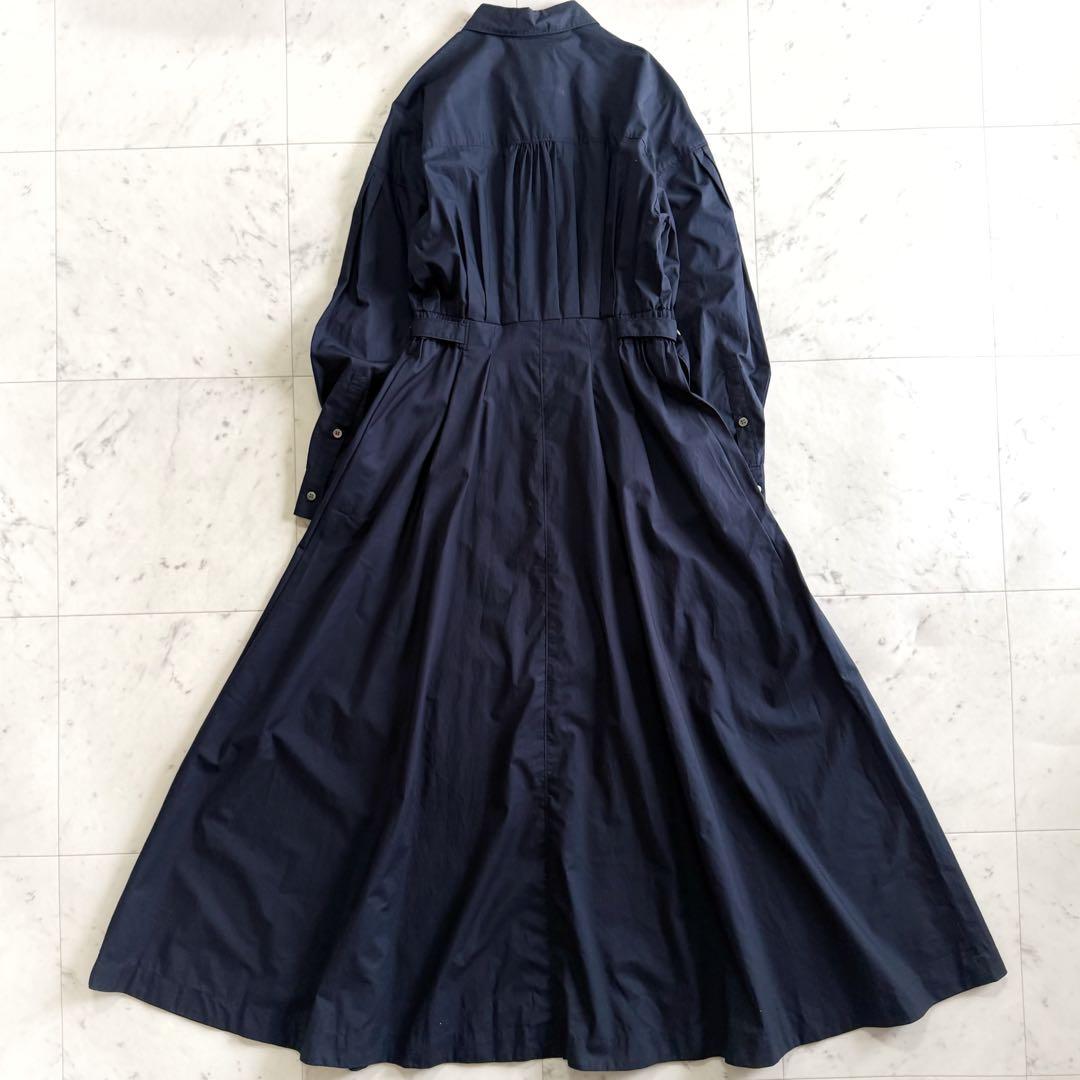 美品 ソブ コットン100% ギャザー ロング丈 シャツワンピース◆ネイビー