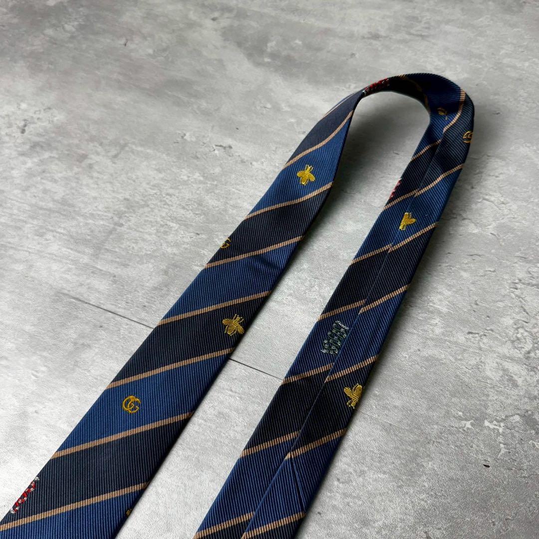美品 GUCCI ジャガード マーモント BEE 蛇 ストライプ ネクタイ 紺青