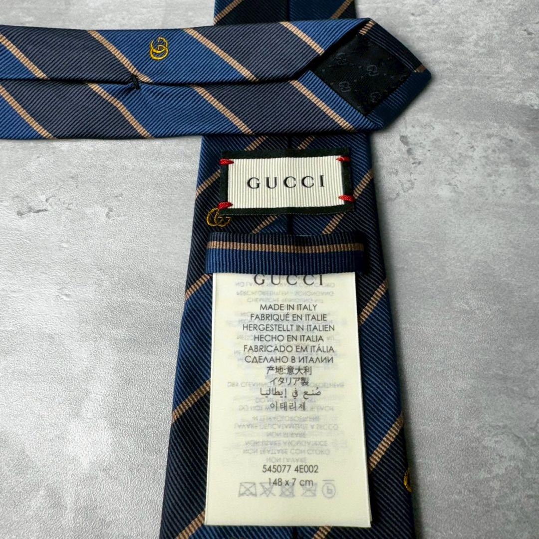 美品 GUCCI ジャガード マーモント BEE 蛇 ストライプ ネクタイ 紺青