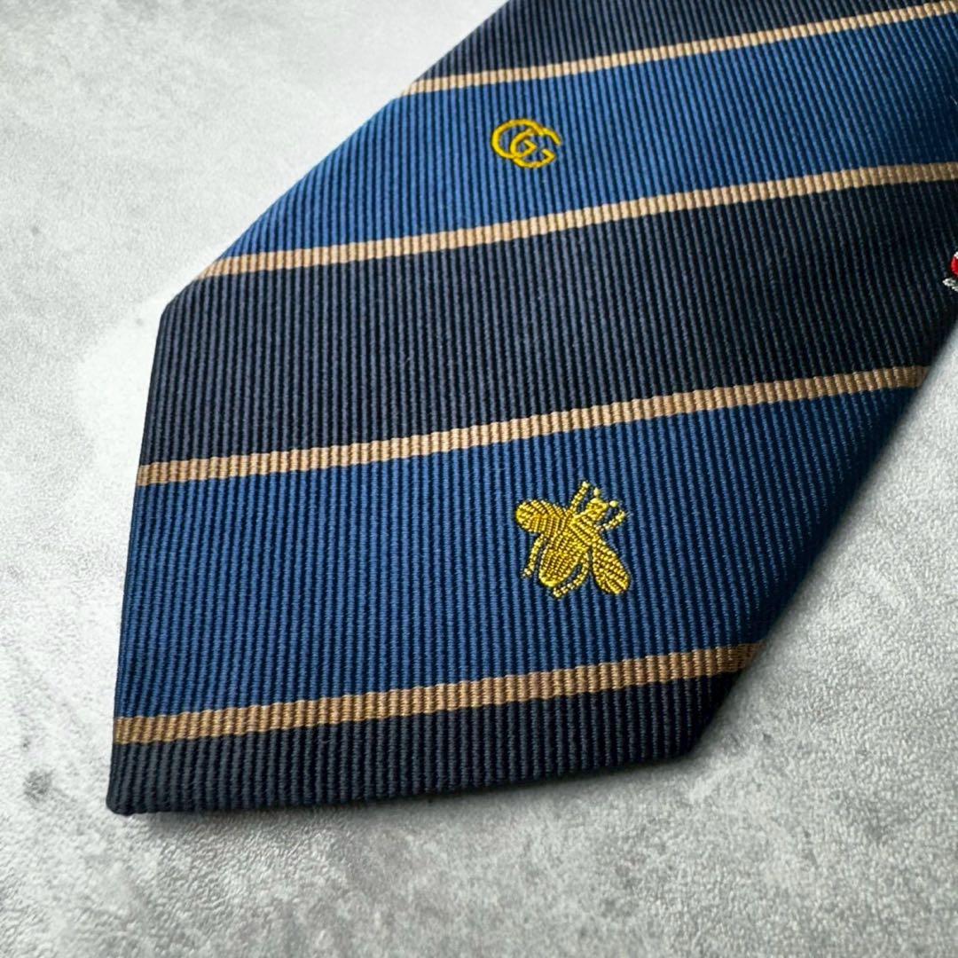 美品 GUCCI ジャガード マーモント BEE 蛇 ストライプ ネクタイ 紺青