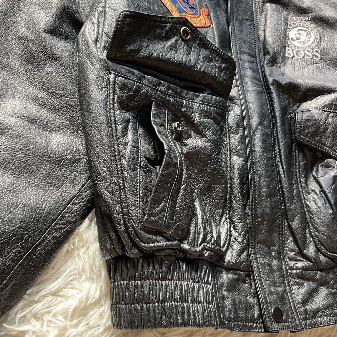 90's✨サントリー　BOSS レザージャケット　牛革　ワッペン　L ブラック