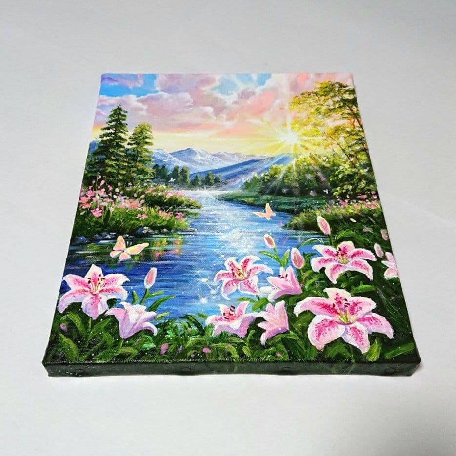 【ユリが咲く時】アクリル画 F3 風景画 絵画