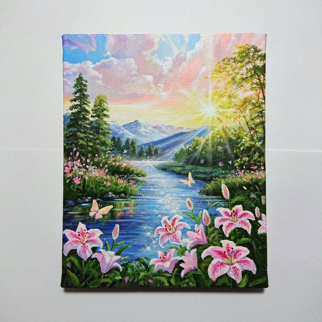 【ユリが咲く時】アクリル画 F3 風景画 絵画
