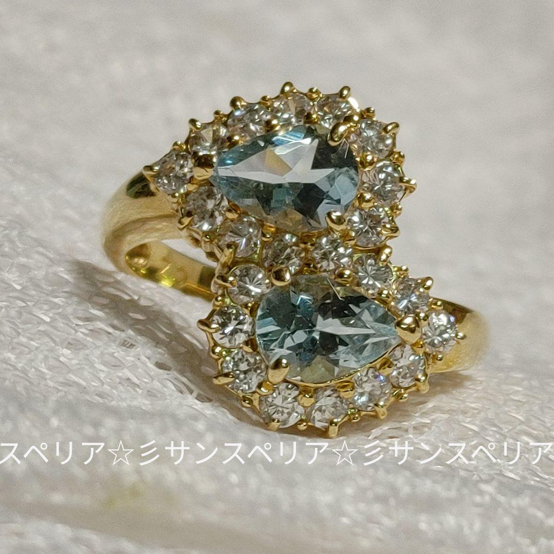 K18 アクアマリンとCZのデザインリング