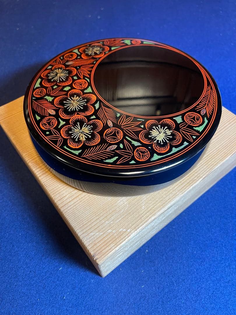 【墨研】漆硯◆福井誠山作「日月三友文硯」京静園◆未使用品◆書道具 特殊硯 定5万