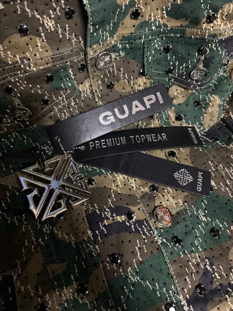 ジャケット・アウター guapi camo embellished denim jacket s