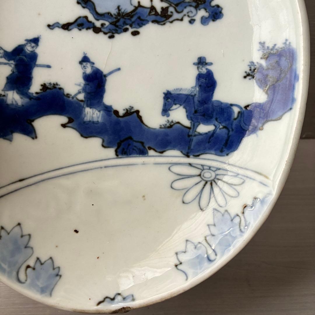 染付 桃形皿 人物漢詩文 青花 人物山水図 飾り皿　骨董　大明嘉靖年製