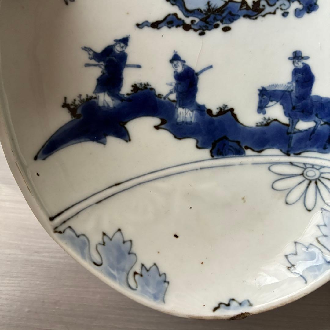 染付 桃形皿 人物漢詩文 青花 人物山水図 飾り皿　骨董　大明嘉靖年製