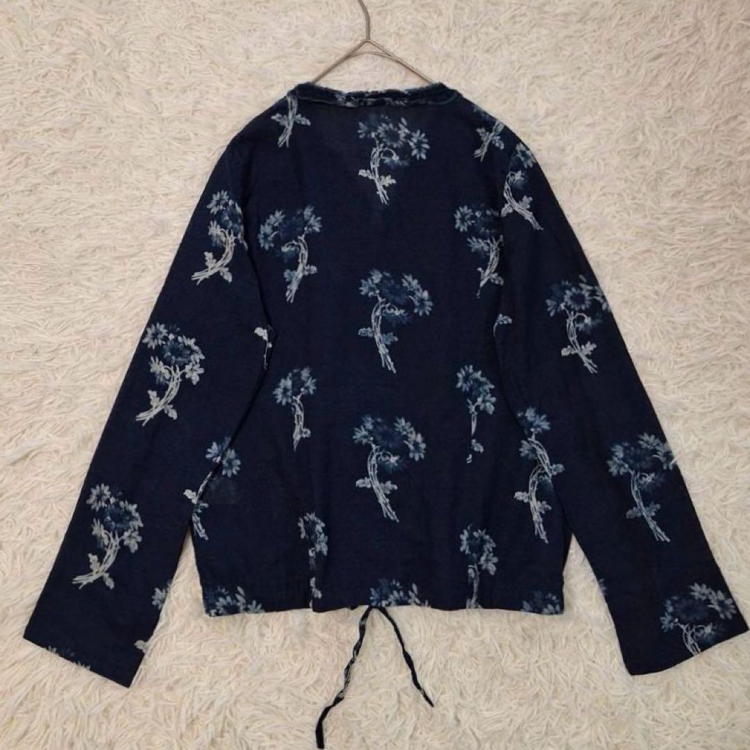 極美品✨45R インディゴ花柄ブラウス 長袖シャツ フリル フラワープリント