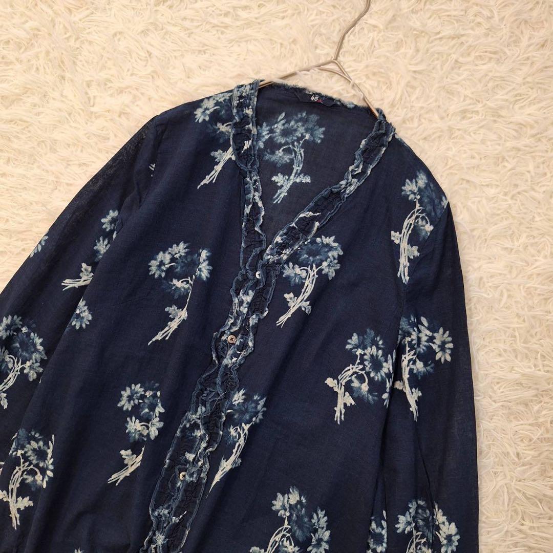 極美品✨45R インディゴ花柄ブラウス 長袖シャツ フリル フラワープリント