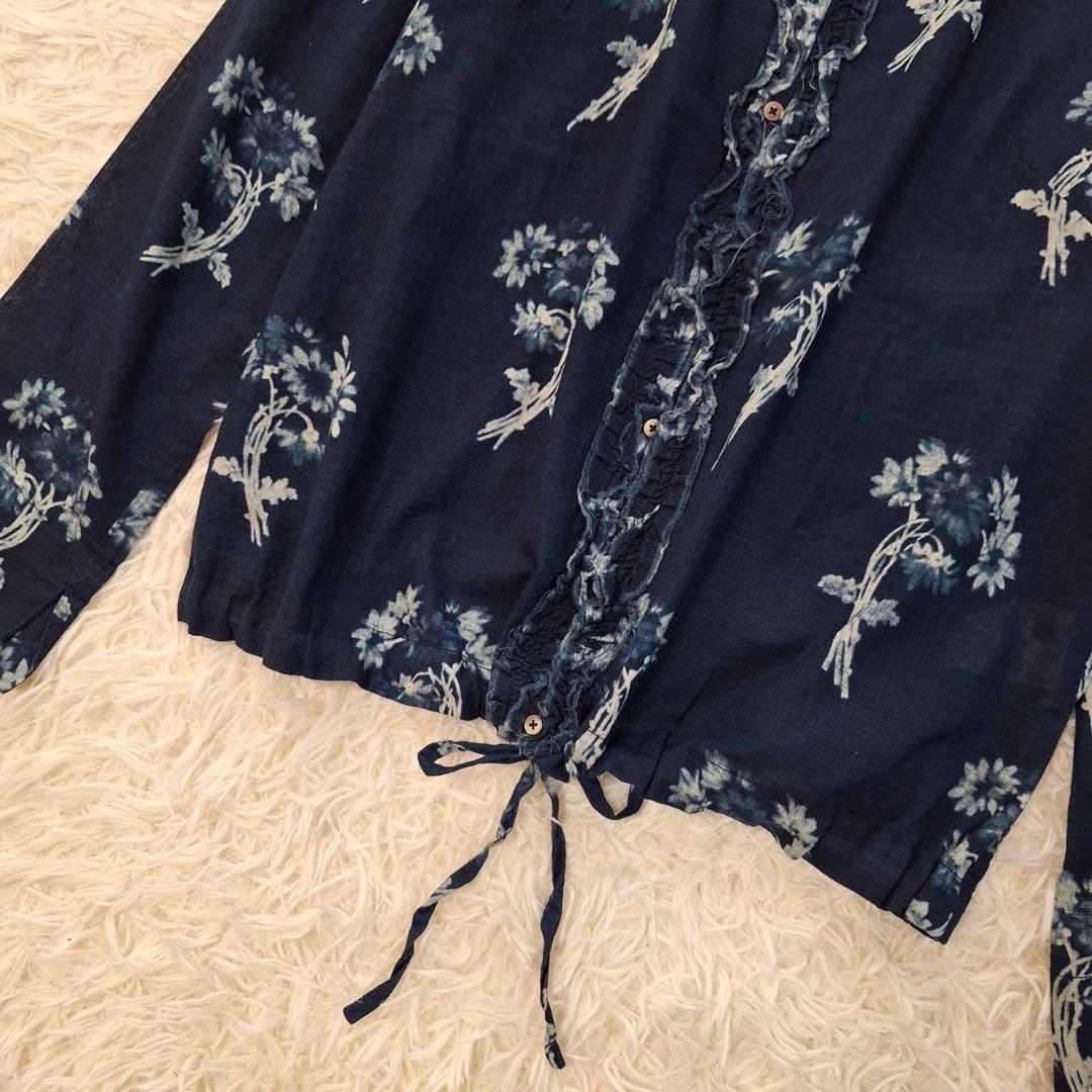 極美品✨45R インディゴ花柄ブラウス 長袖シャツ フリル フラワープリント