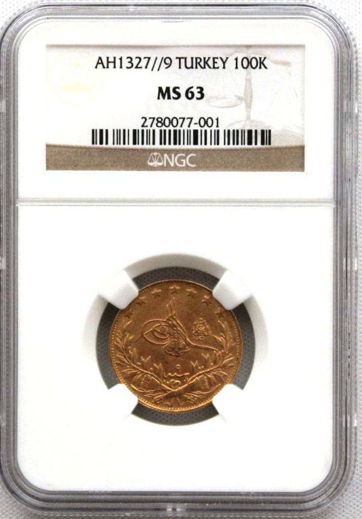 千*可様 AH1327//9 オスマン・トルコ帝国 100クルシュ 金貨 NGC