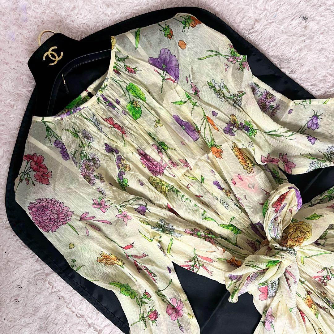 アナイ ロングワンピース 花柄 シフォン シースルー ベルト ホワイト M