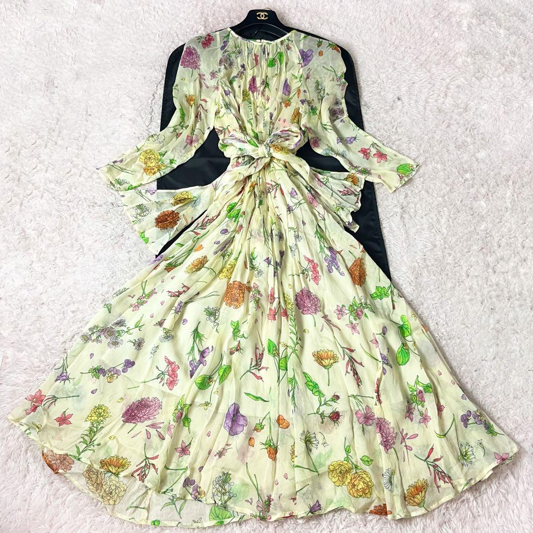 アナイ ロングワンピース 花柄 シフォン シースルー ベルト ホワイト M