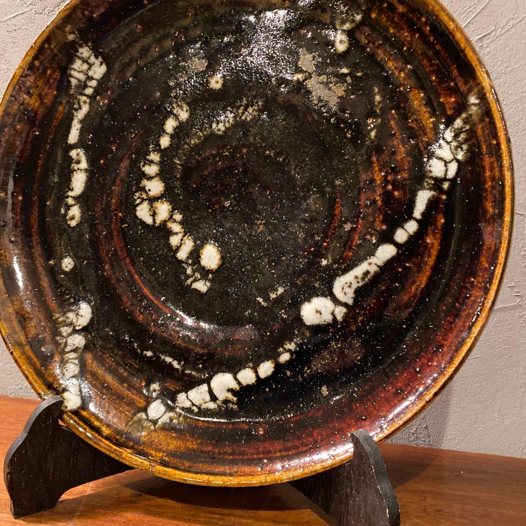 在銘 30cm大皿 黒釉 天目釉 仁作 骨董品 益子焼 時代物