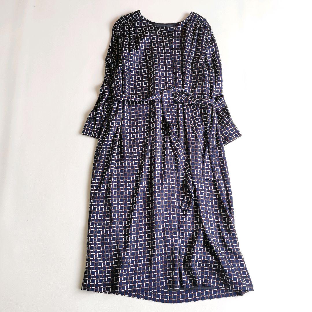 近年【美品✨】ポールスチュアート ロングワンピース リボン 総柄 幾何学 L