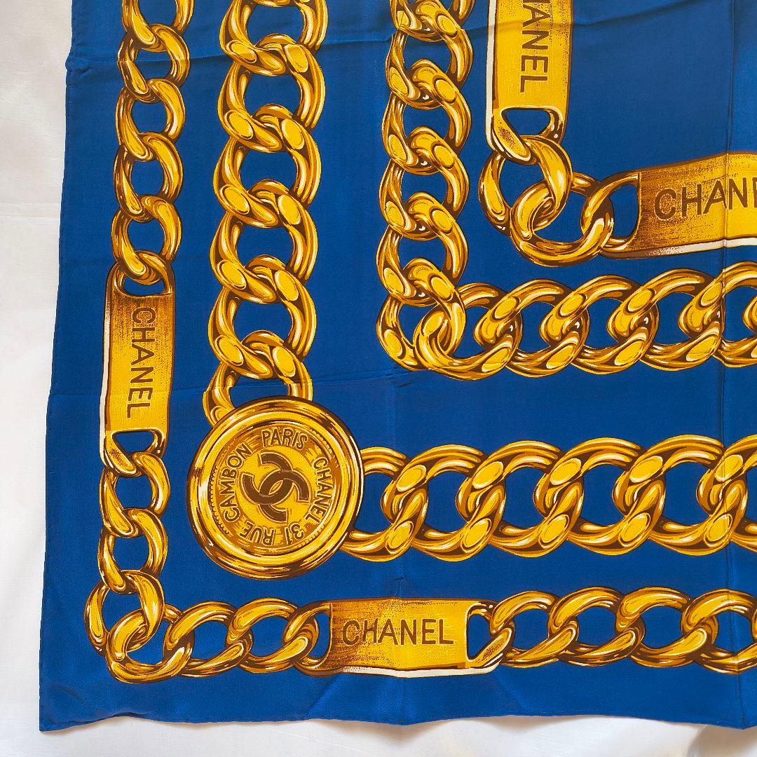 CHANEL チェーンデザイン スカーフ ブルー ヴィンテージ