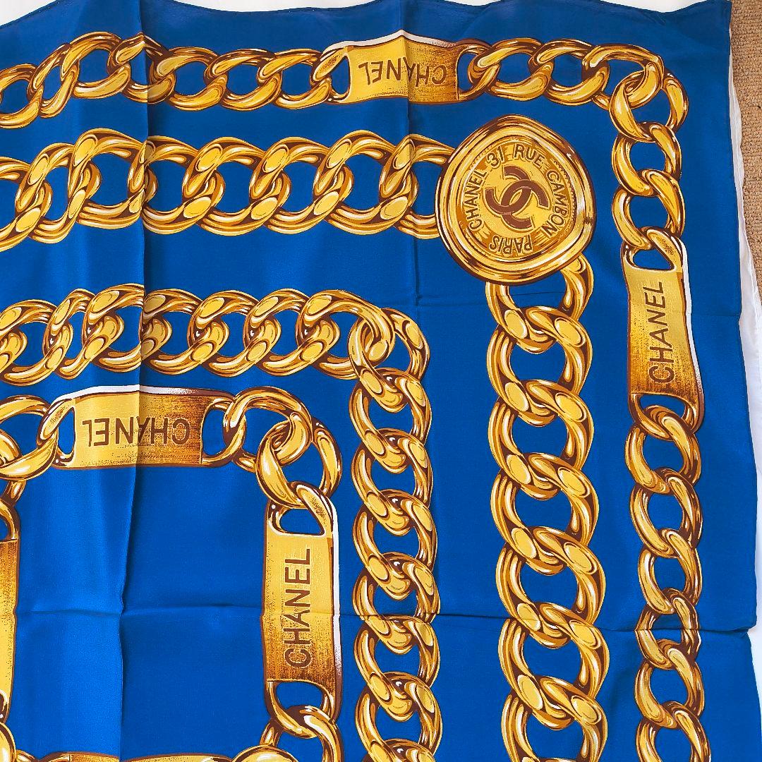CHANEL チェーンデザイン スカーフ ブルー ヴィンテージ